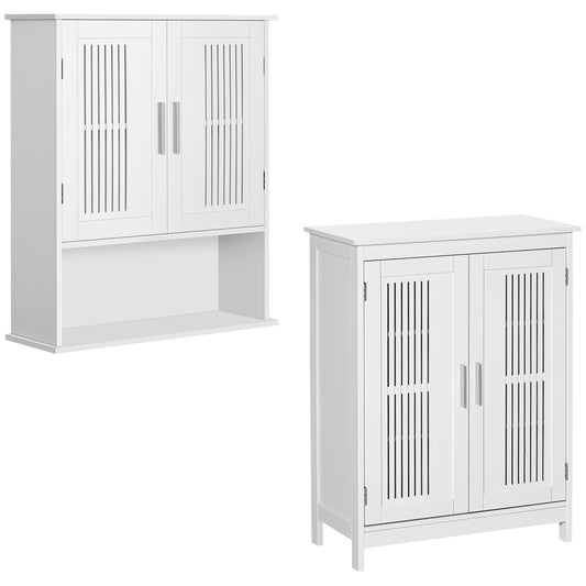 2-Piece Bathroom Furniture Set, Small Bathroom Storage Cabinets with Doors and Shelves, Wall Mount Medicine Cabinet and Freestanding Bathroom Floor Cabinet, White