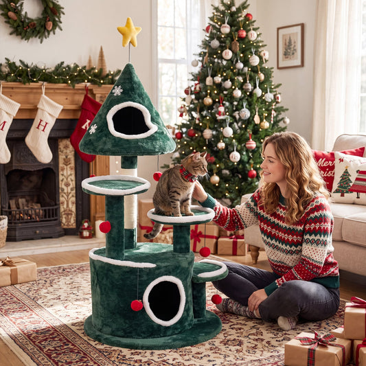 50" Christmas Cat Tree, 2 Condos, Sisal Scratching Post, Green Cat Trees Condos & Scratchers Green at Gallery Canada