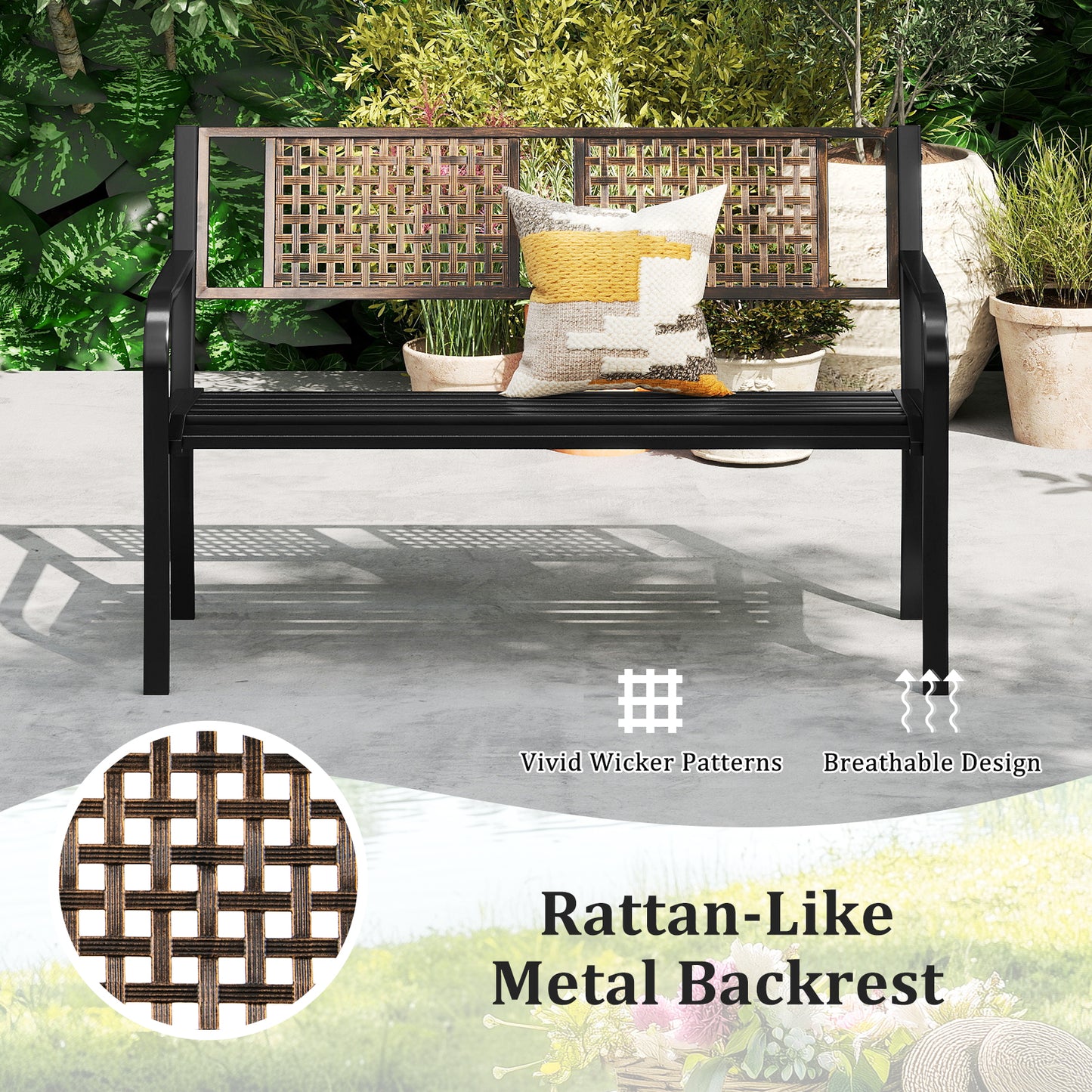 50 Inch Outdoor Metal Garden Bench with Rattan-Like Backrest for 2-3 People, Black Outdoor Benches at Gallery Canada