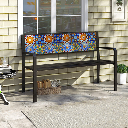 50 Inch Patio Metal Bench Slatted Loveseat for 2-3 People with Mosaic Backrest, Black Outdoor Benches Black at Gallery Canada