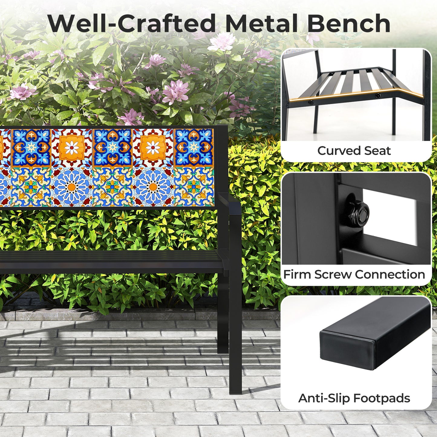 50 Inch Patio Metal Bench Slatted Loveseat for 2-3 People with Mosaic Backrest, Black Outdoor Benches at Gallery Canada