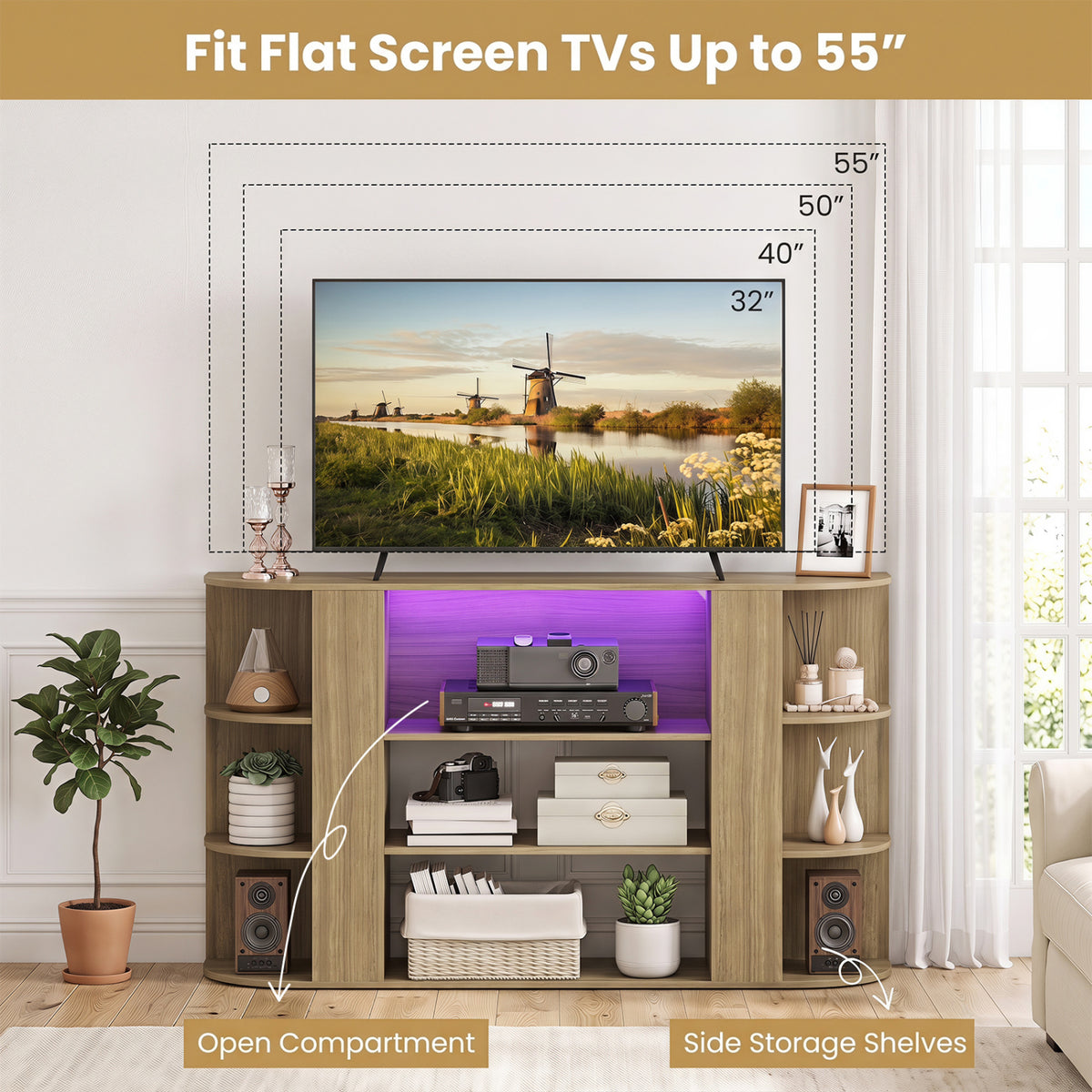 50 Inch TV Stand for 55 Inch TV, RGB Lights, Brown Entertainment Centers & TV Stands at Gallery Canada