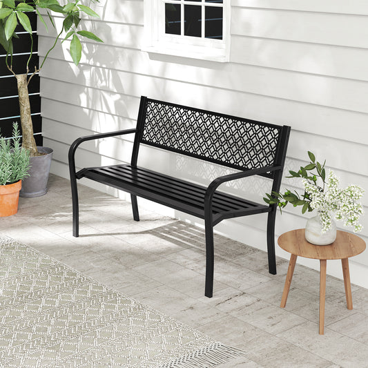 50 Inches Outdoor Garden Bench, Geometric Lattice Backrest, Slatted Seat, Black Outdoor Benches Black at Gallery Canada