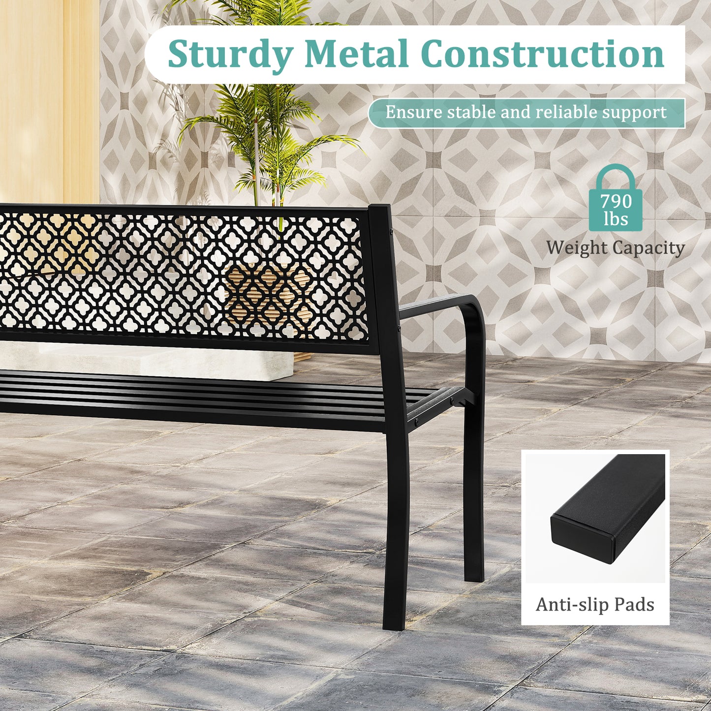 50 Inches Outdoor Garden Bench, Geometric Lattice Backrest, Slatted Seat, Black Outdoor Benches at Gallery Canada