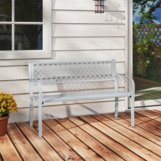 50 Inches Outdoor Garden Bench, Geometric Lattice Backrest, Slatted Seat, Gray Outdoor Benches Gray at Gallery Canada