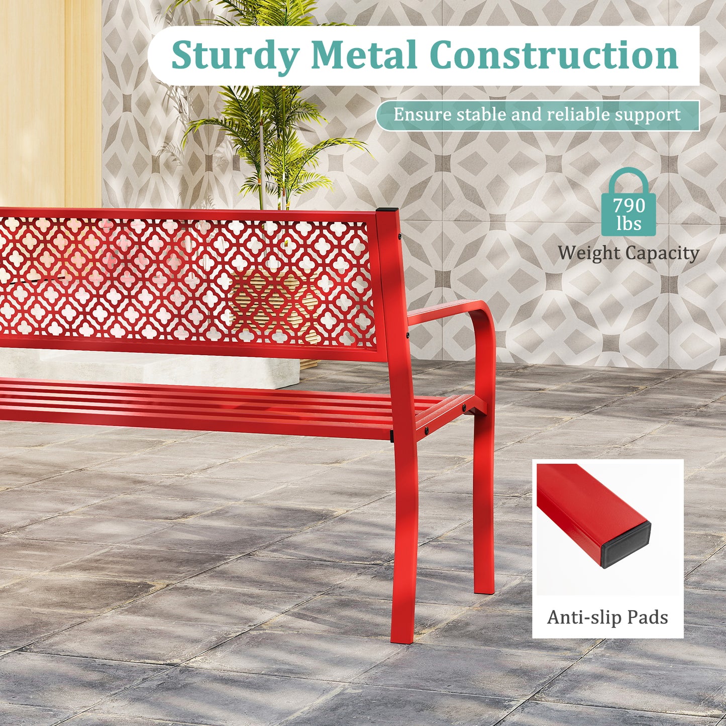 50 Inch Outdoor Garden Bench, Geometric Lattice Backrest, Slatted Seat, Red Outdoor Benches at Gallery Canada