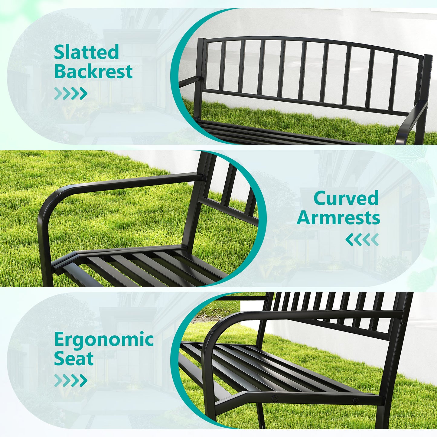 50 Inches Outdoor Garden Bench, Slatted Backrest, Curved Armrests, Black Outdoor Benches at Gallery Canada