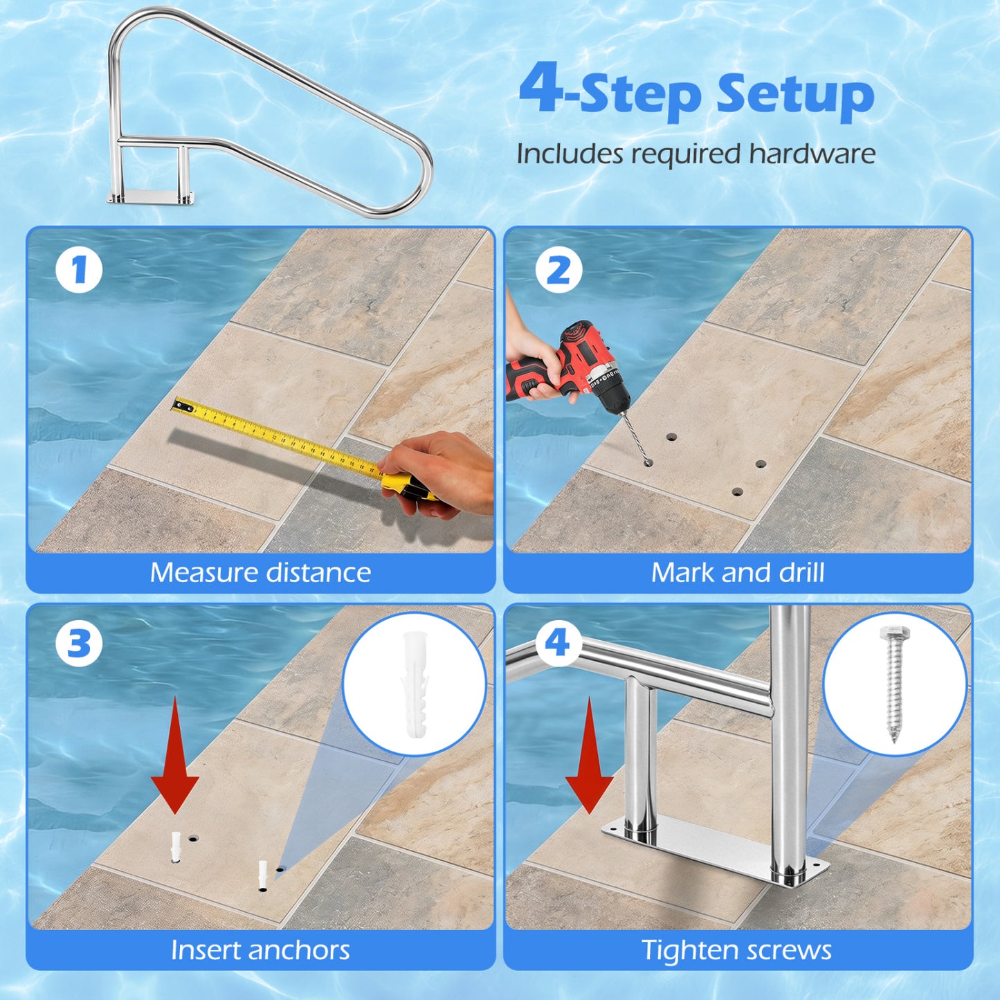 50x30 Inch Pool Handrail with Mount Base Plate, Silver Swimming Pools at Gallery Canada