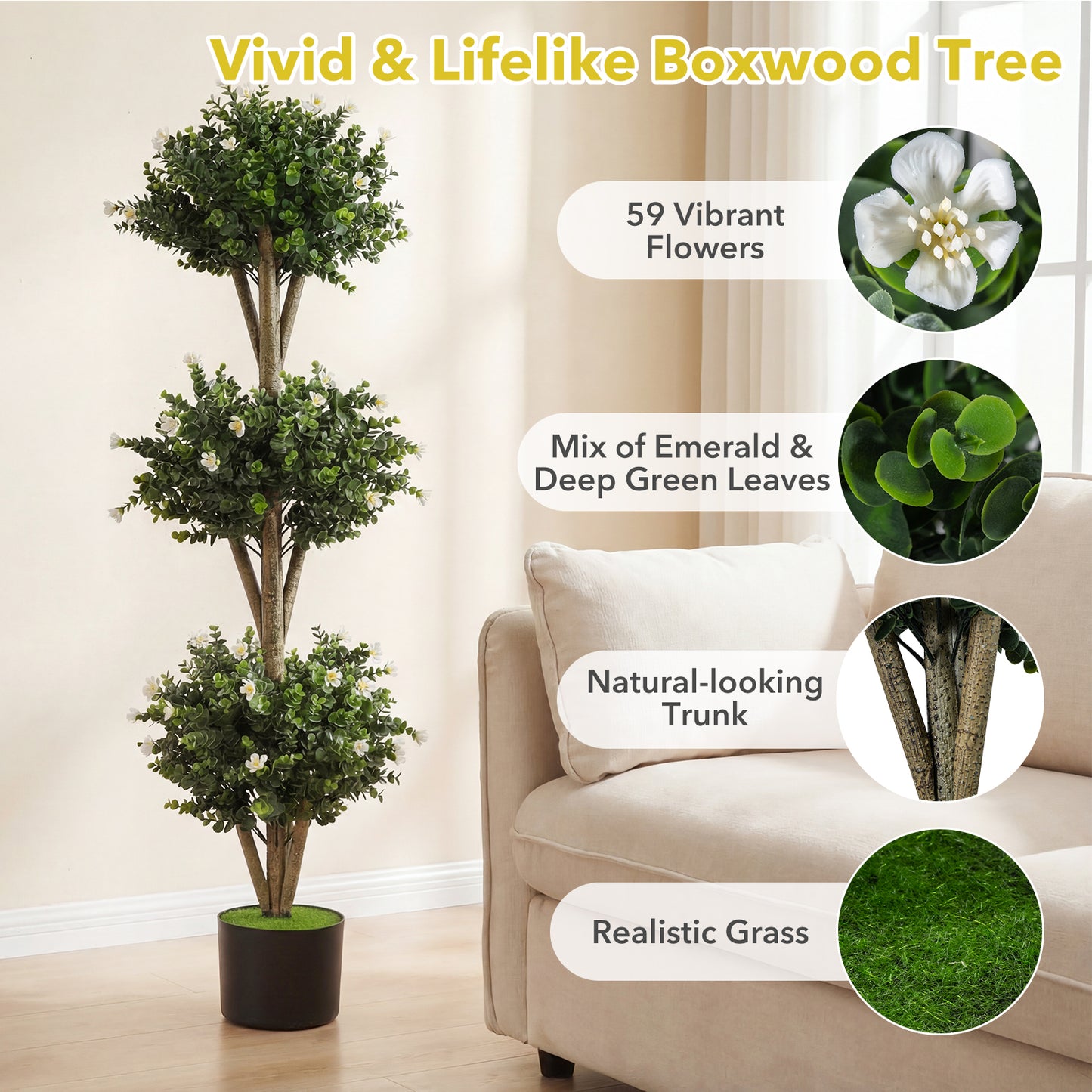 51" Artificial Triple Ball Boxwood Topiary Tree, 59 Blossoms, Set of 2, White Faux Plants at Gallery Canada