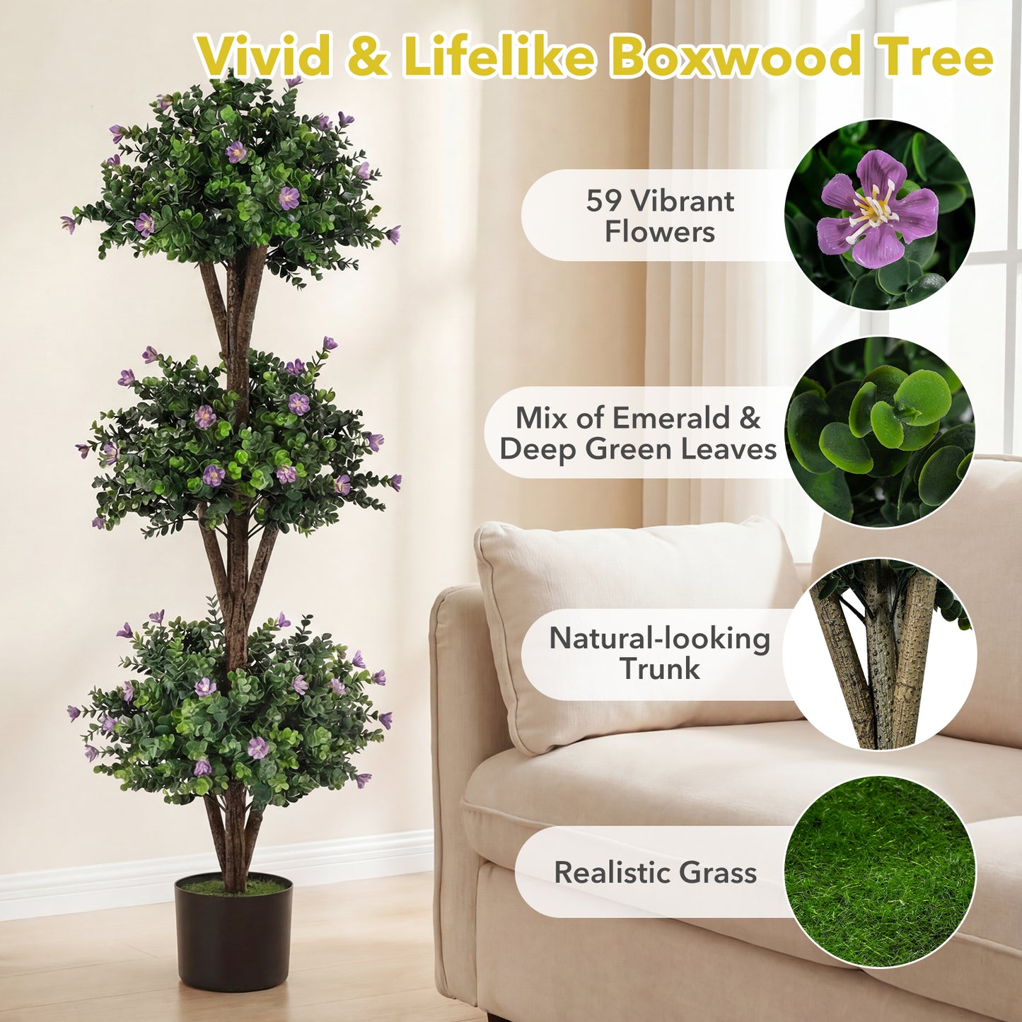 51" Artificial Triple Ball Boxwood Topiary Tree, 59 Blossoms, Purple Faux Plants at Gallery Canada