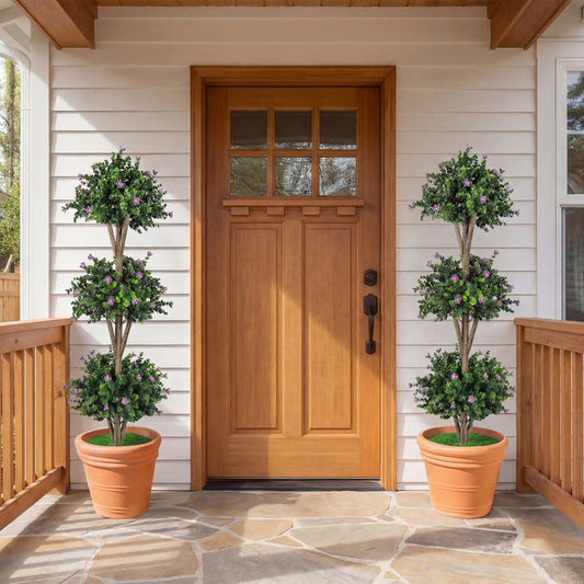 51" Artificial Triple Ball Boxwood Topiary Tree, 59 Blossoms Set Of 2, Purple Faux Plants Purple at Gallery Canada
