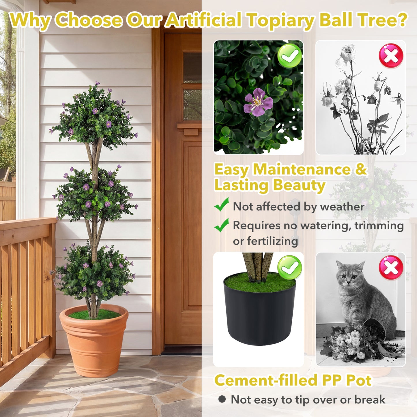51" Artificial Triple Ball Boxwood Topiary Tree, 59 Blossoms Set Of 2, Purple Faux Plants at Gallery Canada