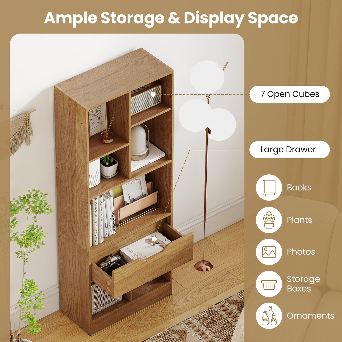 51inch Tall Freestanding Bookcase with Drawer 7-Cube Storage Organizer, Natural Bookcases at Gallery Canada