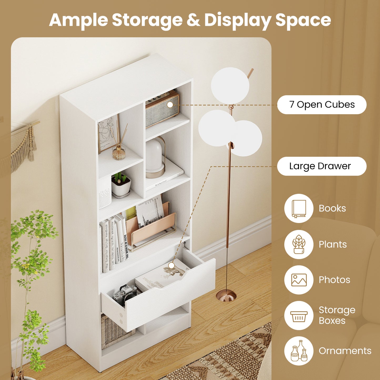 51inch Tall Freestanding Bookcase with Drawer 7-Cube Storage Organizer, White Bookcases at Gallery Canada