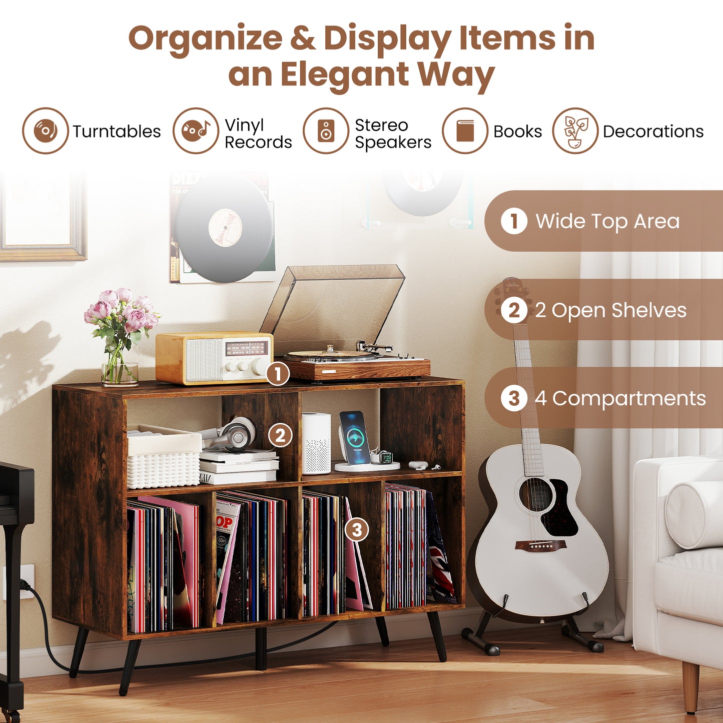 Record Player Stand With Charging Station, Open Shelves, Rustic Brown End & Side Tables at Gallery Canada