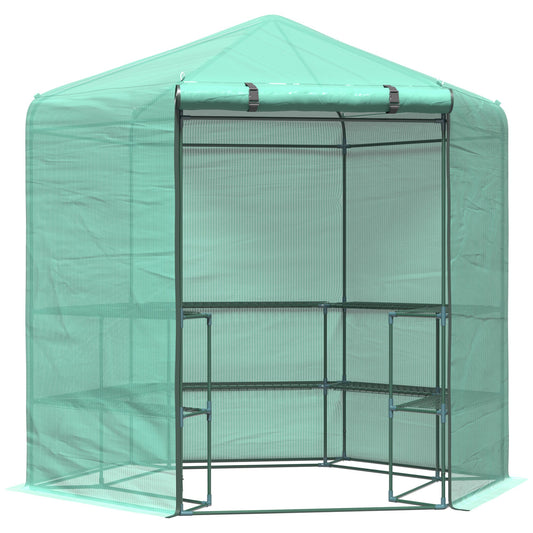 7.5' x 6.5' Walk-in Greenhouse with 3-Tier Shelves, Hexagonal Portable Green House with Roll-up Door, Garden Hot House for Plants Herbs Vegetables, Green at Gallery Canada