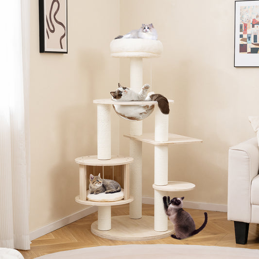 52 Inches Wooden Cat Tree, Washable Plush Cushions, Multi-Level Climbing Stand Cat Trees Condos & Scratchers Options at Gallery Canada