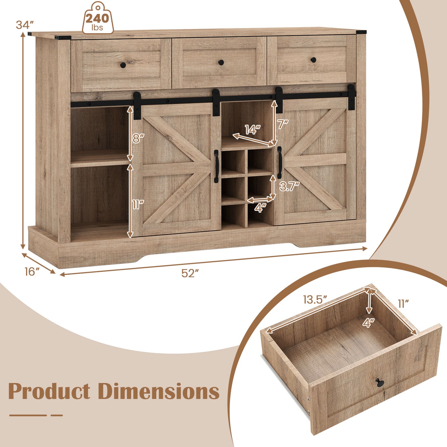 52 Inches Wine Bar Cabinet with LED Lights and Sliding Barn Doors, Light Gray Sideboards Cabinets & Buffets at Gallery Canada