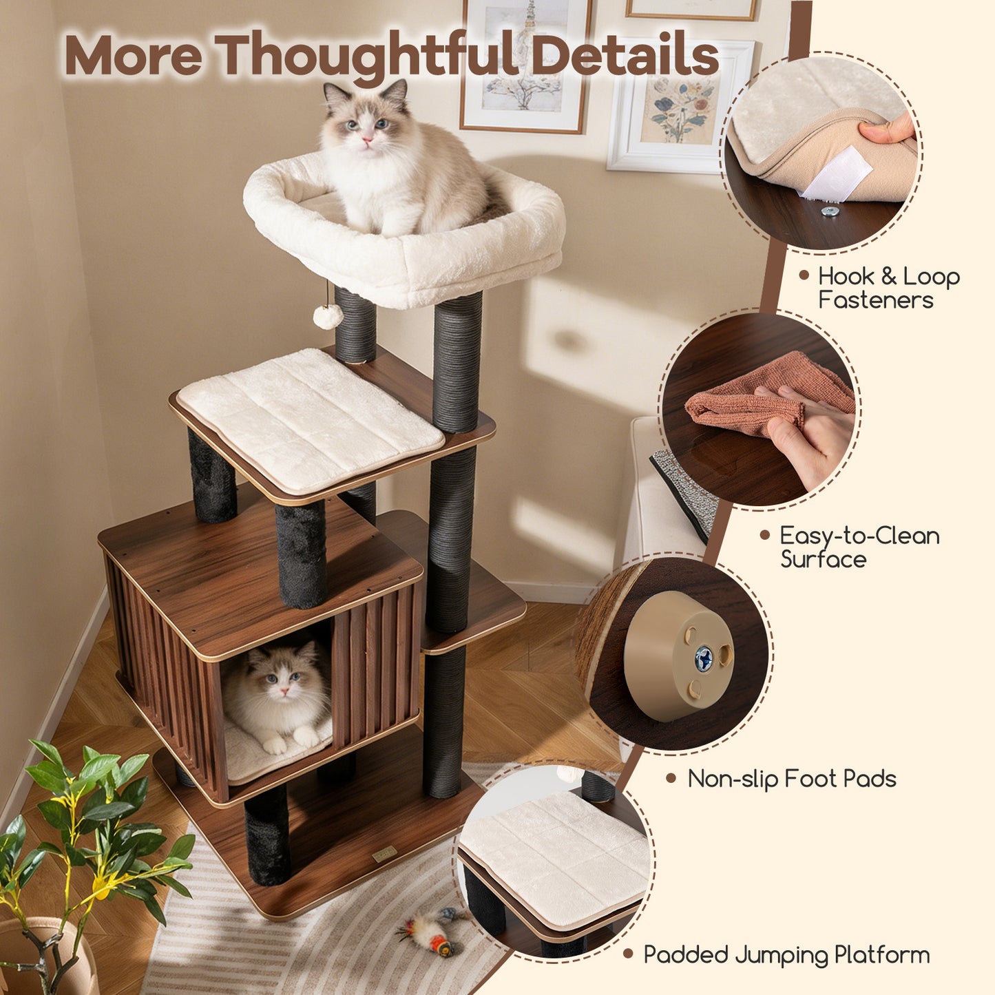 53.5 inch Tall Cat Tree for Indoor Cat Wooden Cat Tower Top Perch with Soft Padding, Brown Cat Trees Condos & Scratchers at Gallery Canada