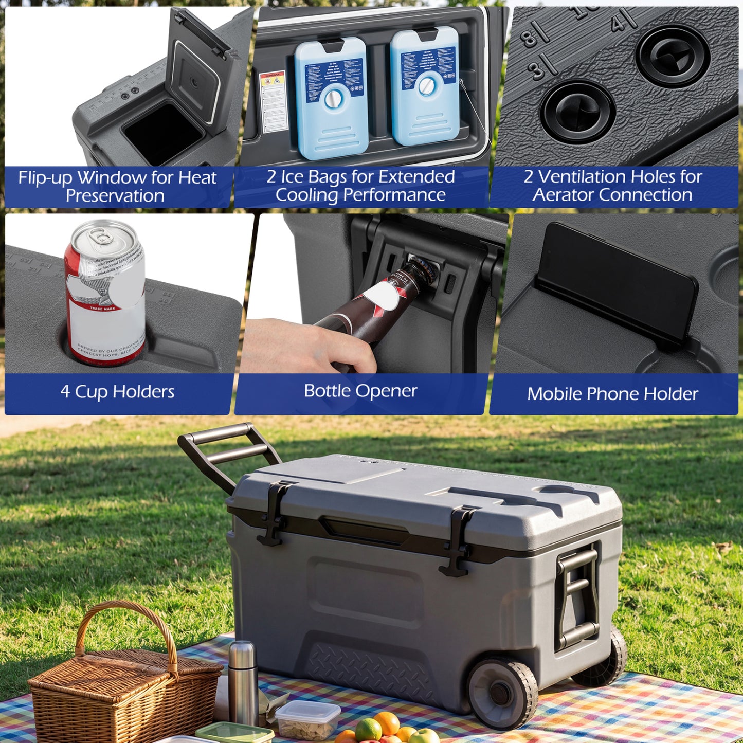53 Quart Portable Rolling Cooler with Fish Ruler for Outdoor, Gray Coolers at Gallery Canada