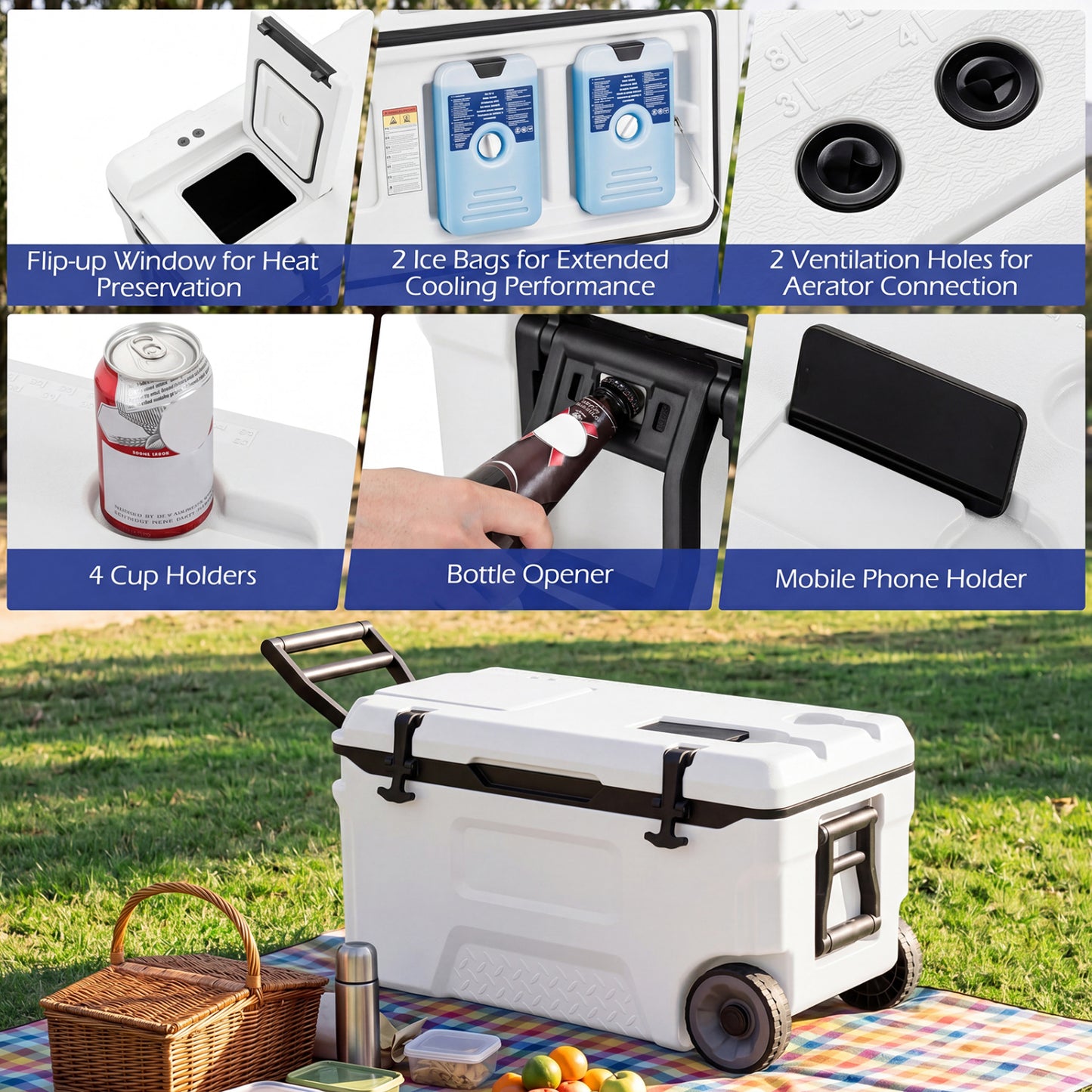53 Quart Portable Rolling Cooler with Fish Ruler for Outdoor, White Coolers at Gallery Canada