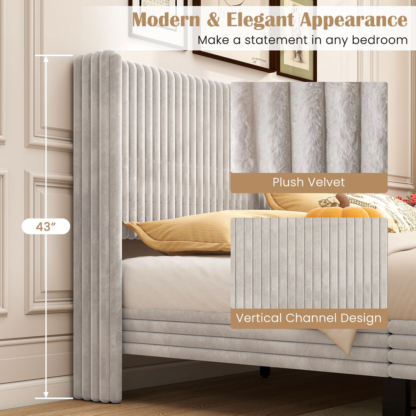 Queen Size Velvet Bed Frame, Vertical Channel Tufted Wingback Headboard, White Simple Bed Frame at Gallery Canada