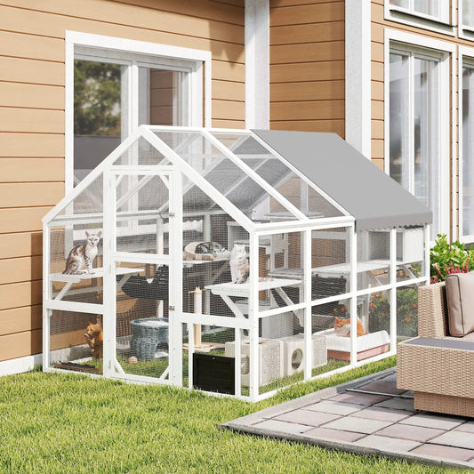 Outdoor Cat Enclosure, Wooden Feral Cat House, Weatherproof Canopy Outdoor Cat Enclosures White, Grey at Gallery Canada