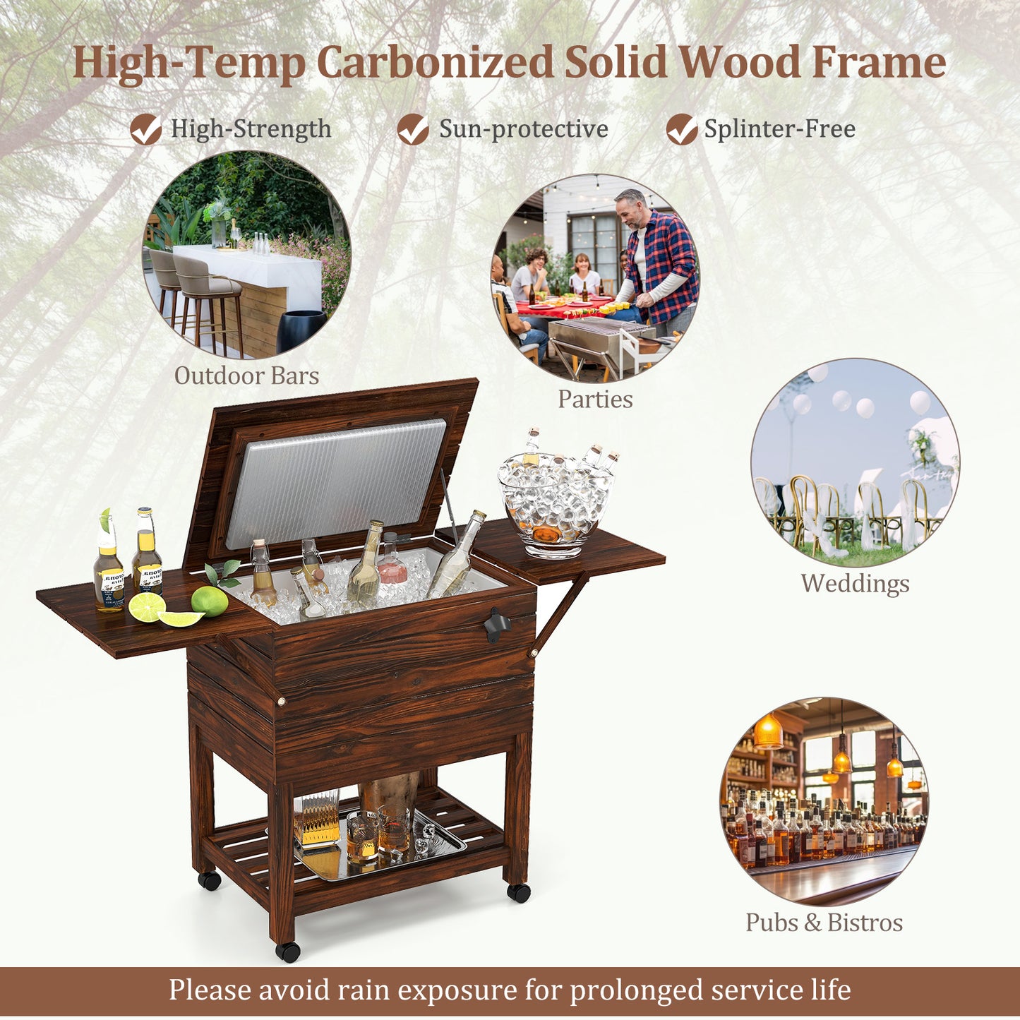54 Quart Wooden Cooler Cart, Rolling Ice Chest With Shelves, Brown Coolers at Gallery Canada