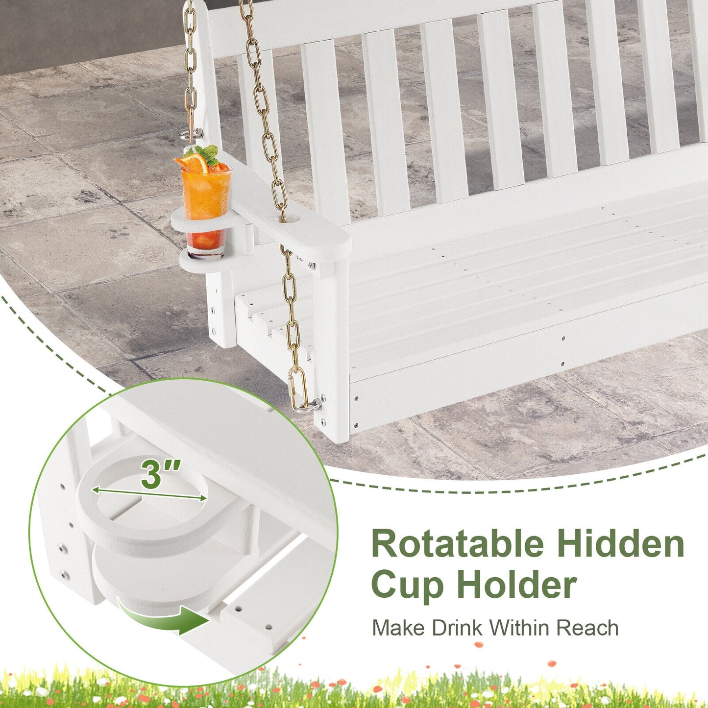 54 Inch HDPE Patio Porch Swing, With Cup Holder, White Porch Swings at Gallery Canada