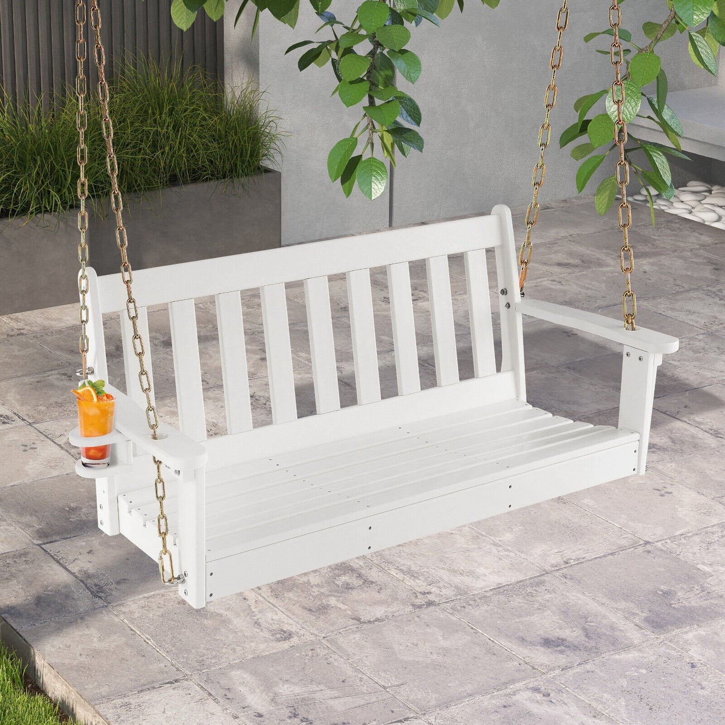 54 Inch HDPE Patio Porch Swing with Cup Holder, White