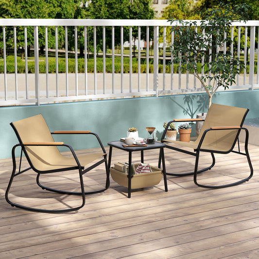 3 Piece Rocking Bistro Chairs, Side Table Set, Storage Bag, Brown Patio Conversation Sets Brown at Gallery Canada