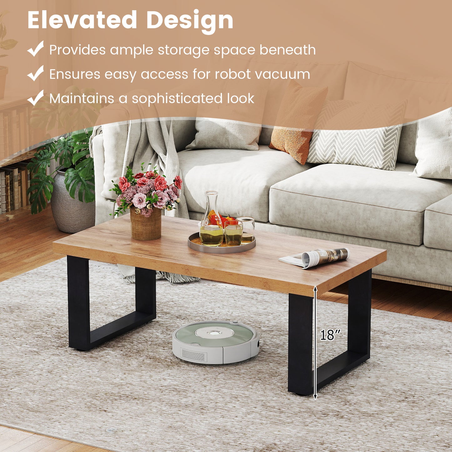 47 Inch Farmhouse Coffee Table, Thickened Tabletop, Natural Wood Texture, Oak Coffee Tables at Gallery Canada