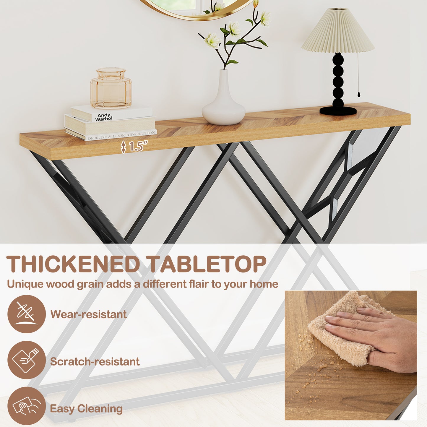 55 Inch Console Table with Solid Metal Frame and Storage, Wood Console Tables at Gallery Canada