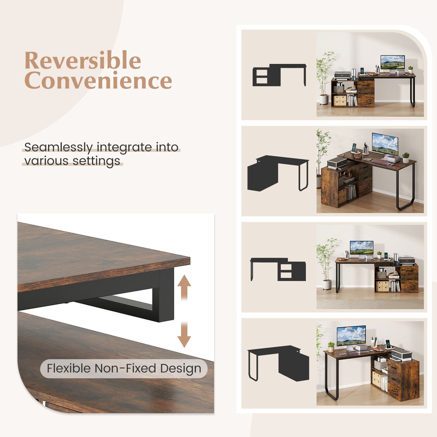 55 Inch Reversible L Shaped Desk with 3 Drawers Home Office Desk with Adjustable Shelf, Rustic Brown L-Shaped Desks at Gallery Canada