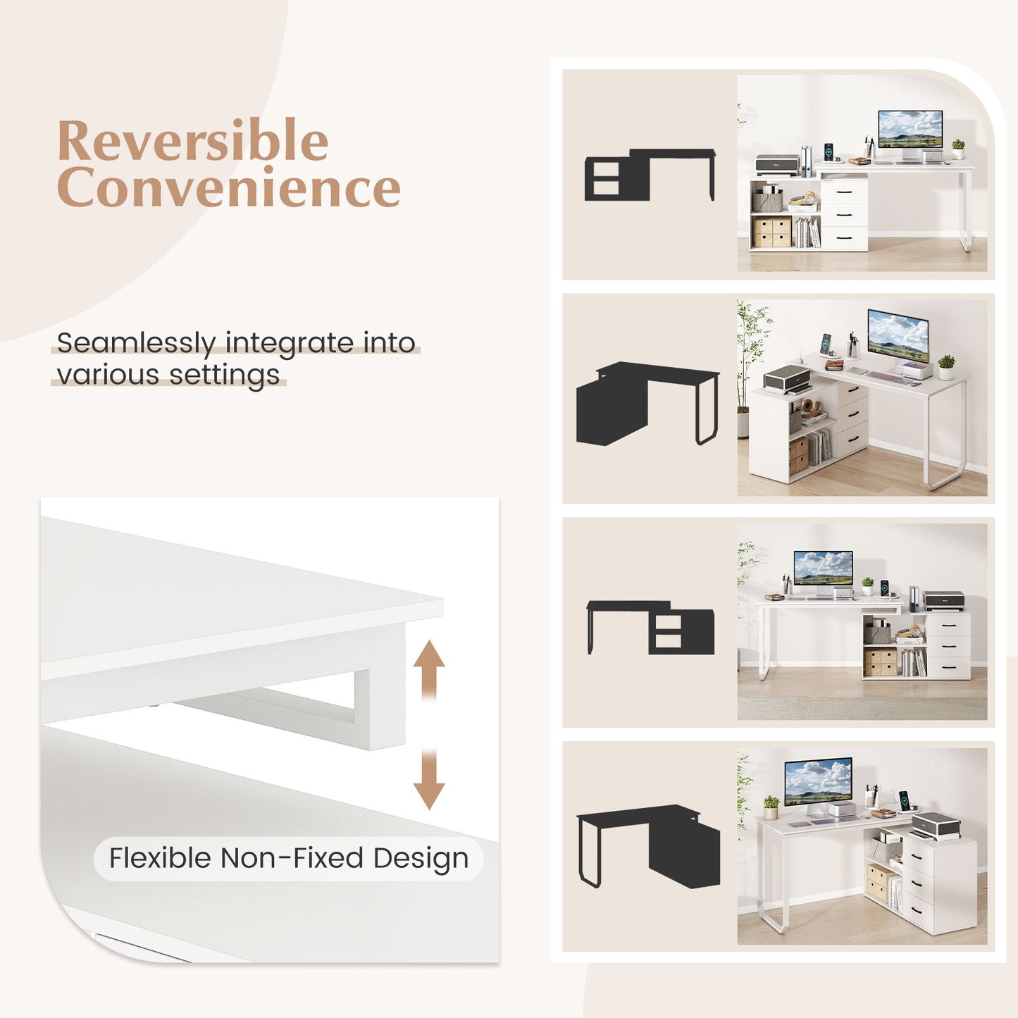55 Inch Reversible L Shaped Desk with 3 Drawers Home Office Desk with Adjustable Shelf, White L-Shaped Desks at Gallery Canada