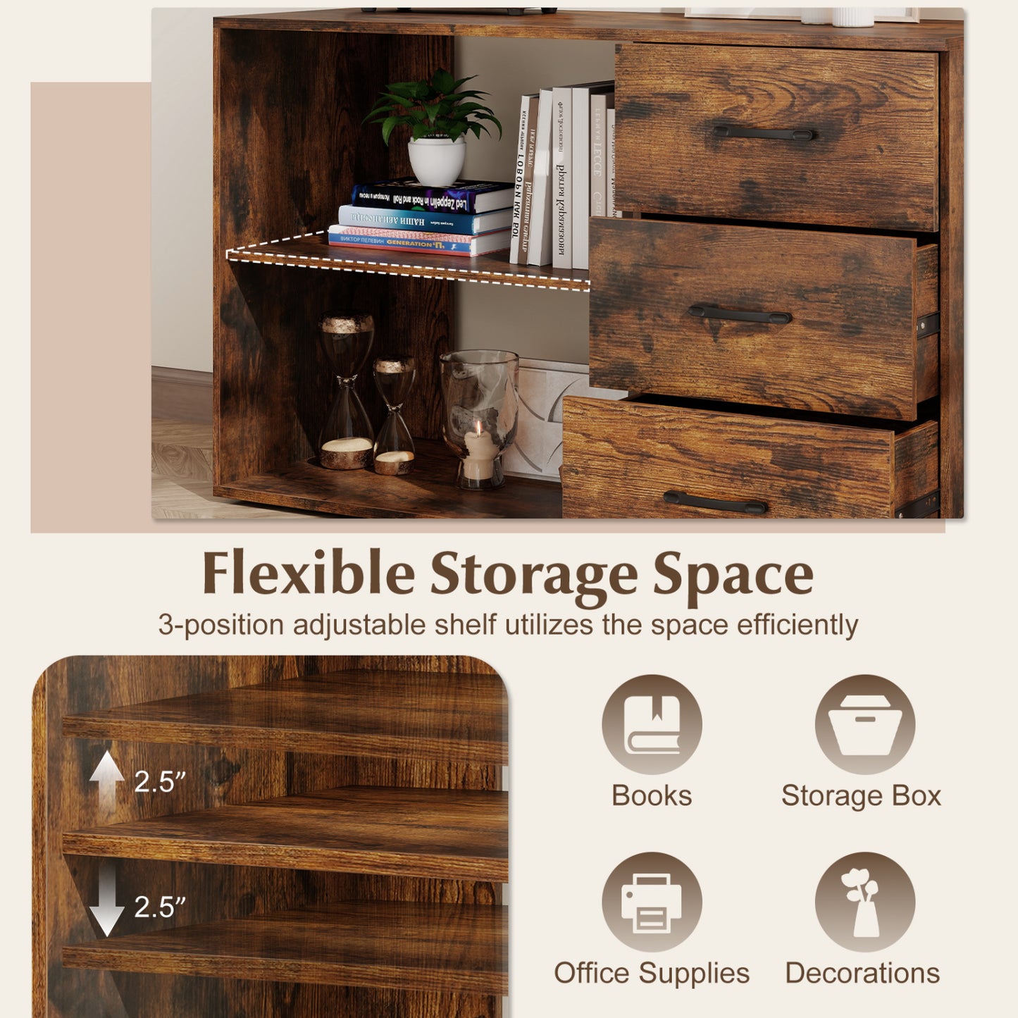 55 Inch Reversible L Shaped Desk with 3 Drawers Home Office Desk with Adjustable Shelf, Rustic Brown L-Shaped Desks at Gallery Canada