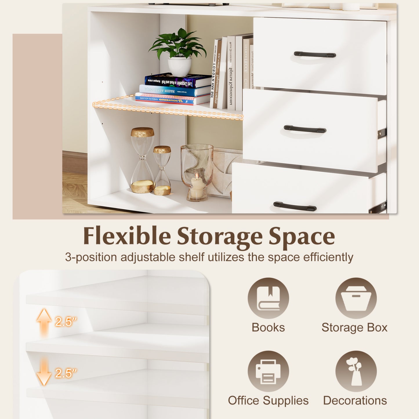 55 Inch Reversible L Shaped Desk with 3 Drawers Home Office Desk with Adjustable Shelf, White L-Shaped Desks at Gallery Canada