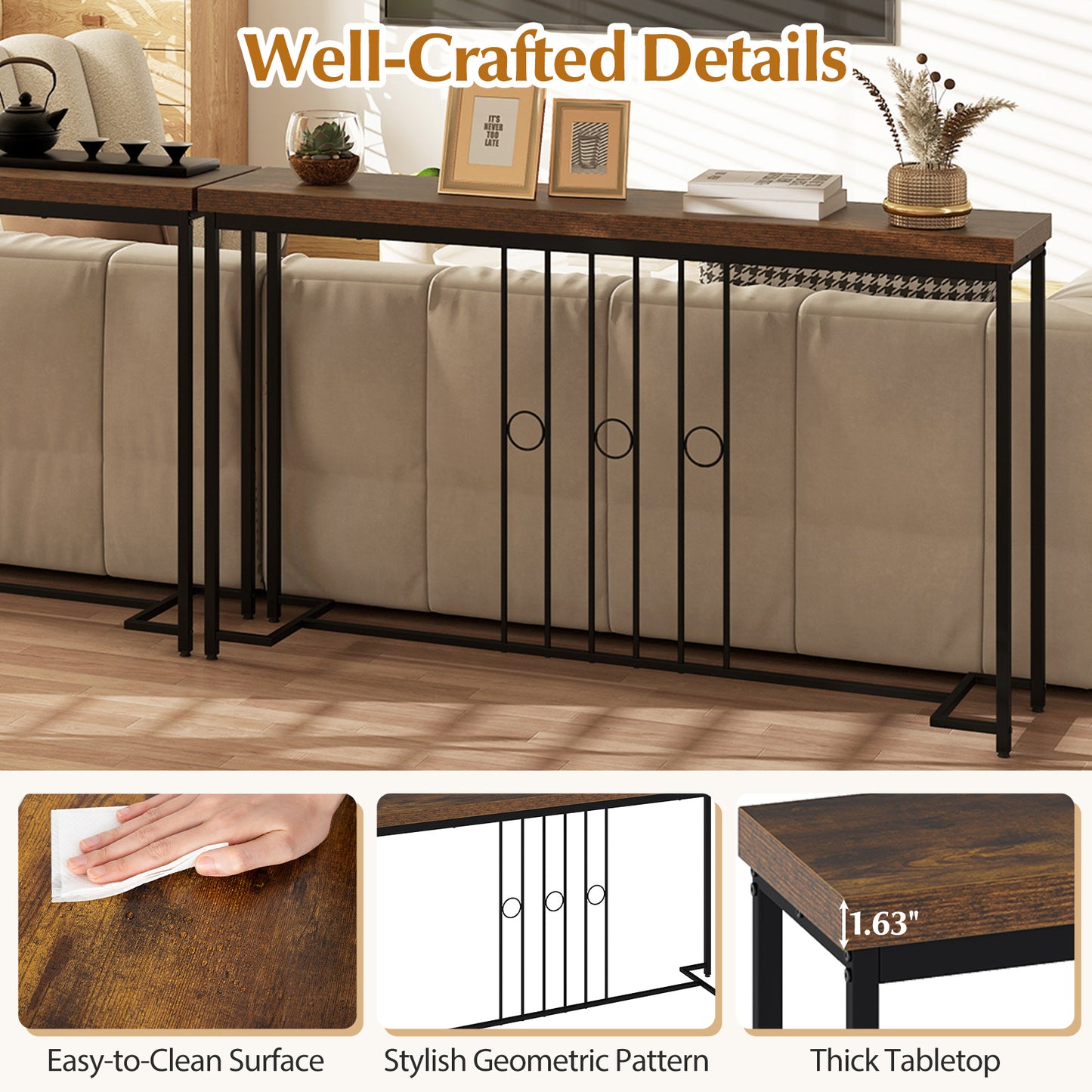 55" Industrial Console Table with H-Shaped Base, Brown Console Tables at Gallery Canada