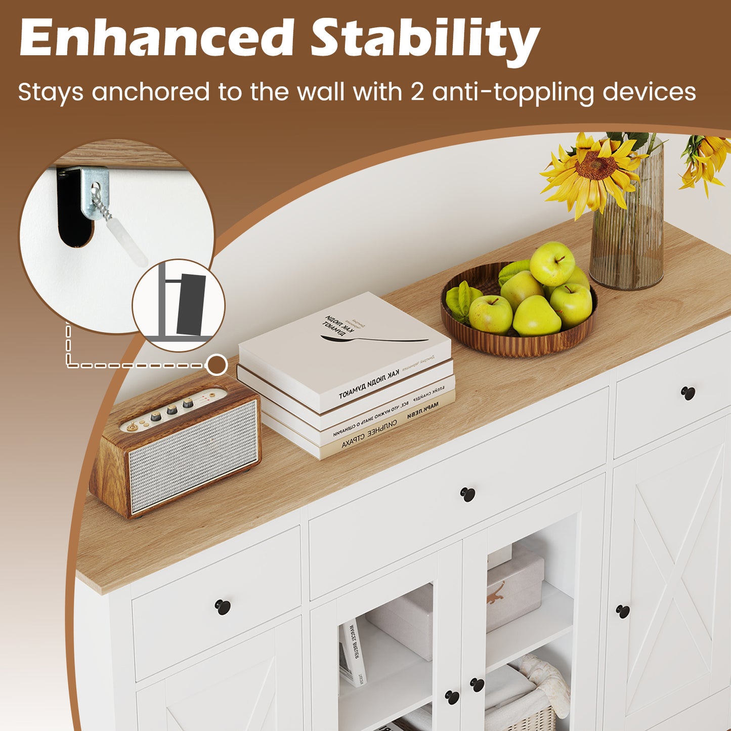 55" Large Buffet Sideboard Kitchen Storage Cabinet with 3 Drawers 2 See-through Doors Adjustable Shelves Wine Bar Table, White Sideboards Cabinets & Buffets at Gallery Canada