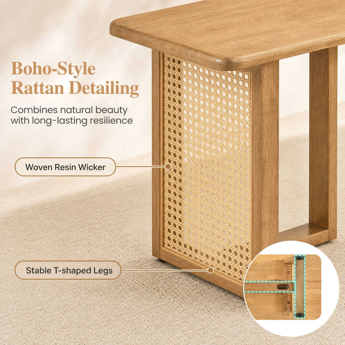 55" Solid Rubber Wood Dining Bench, Rattan Legs, Natural Dining Chairs at Gallery Canada