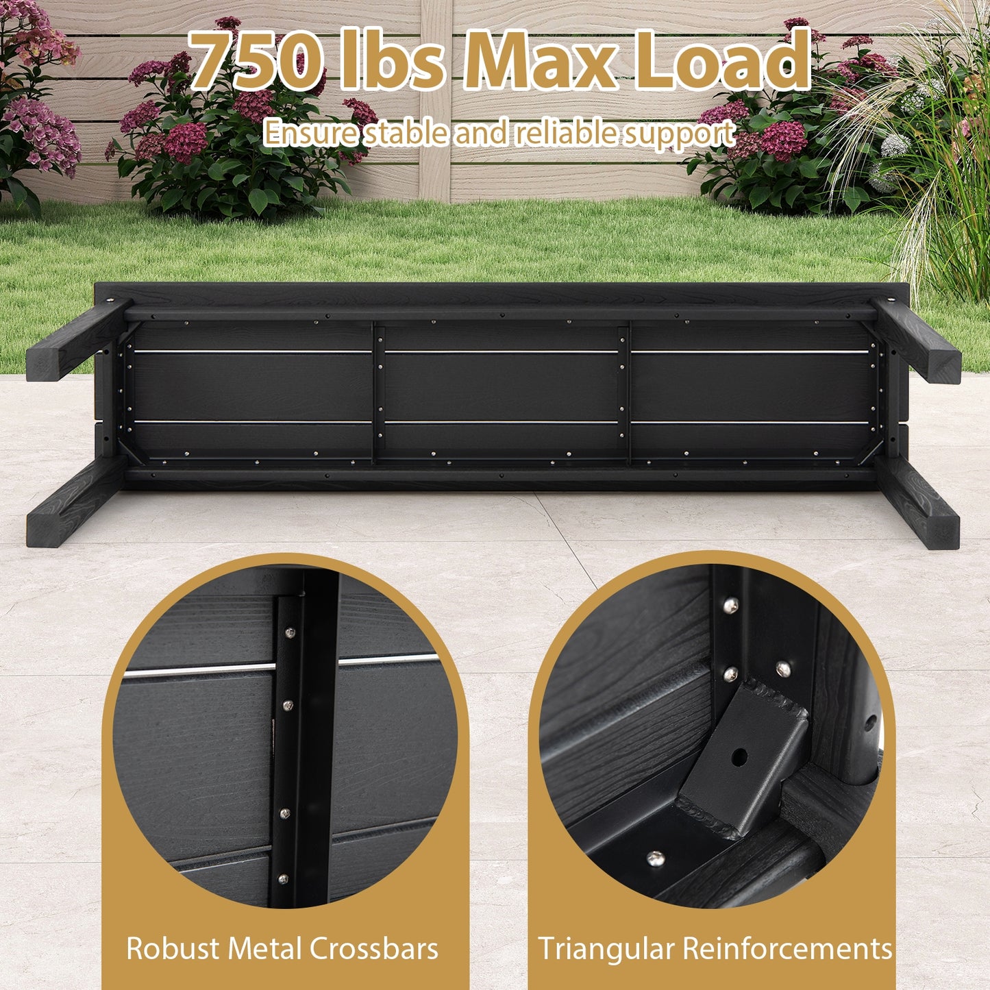 55" HDPE Outdoor Bench, 2-3 People, Weatherproof, Black Outdoor Benches at Gallery Canada
