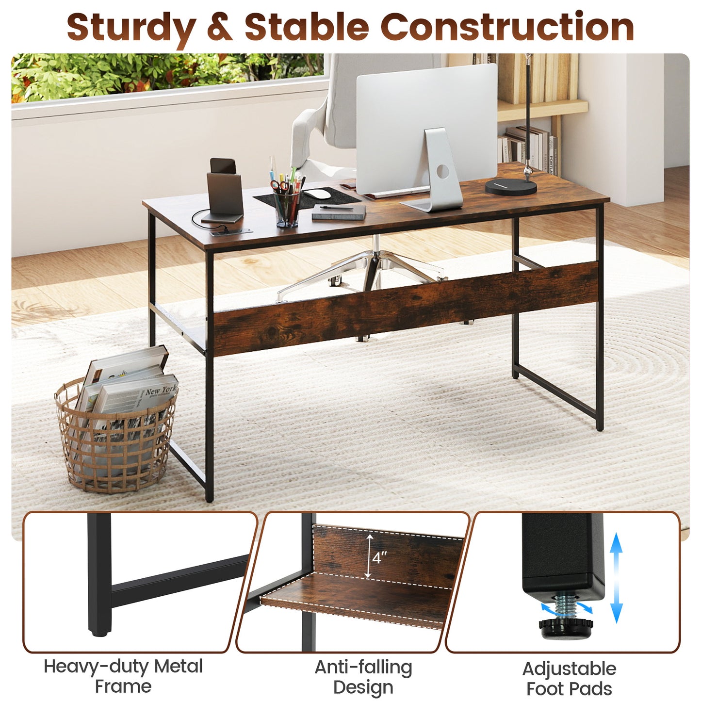 55 x 24 inch Computer Desk with Power Outlets and USB Ports, Rustic Brown Computer Desks at Gallery Canada