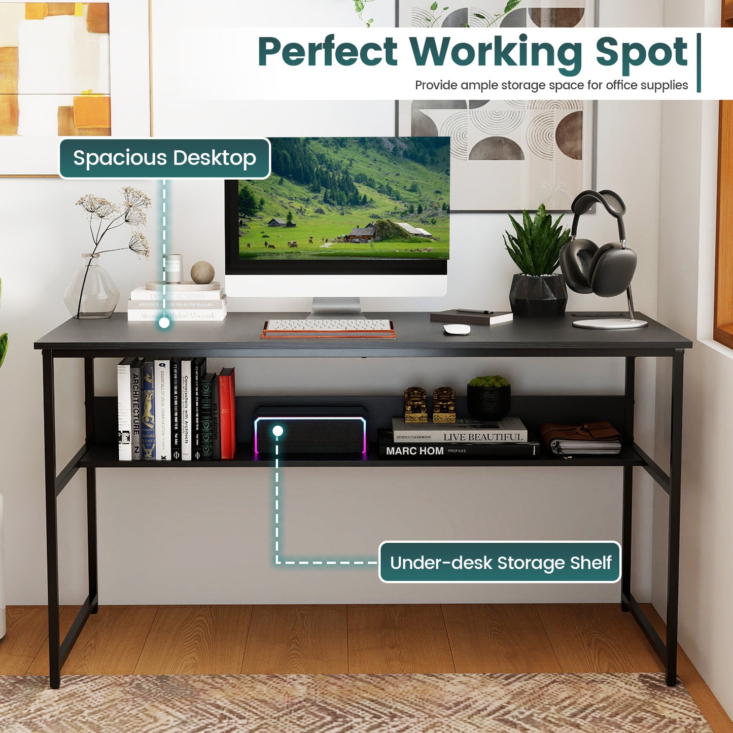 55 x 24 Inch Computer Desk With Power Outlets, USB Ports, Black Computer Desks at Gallery Canada