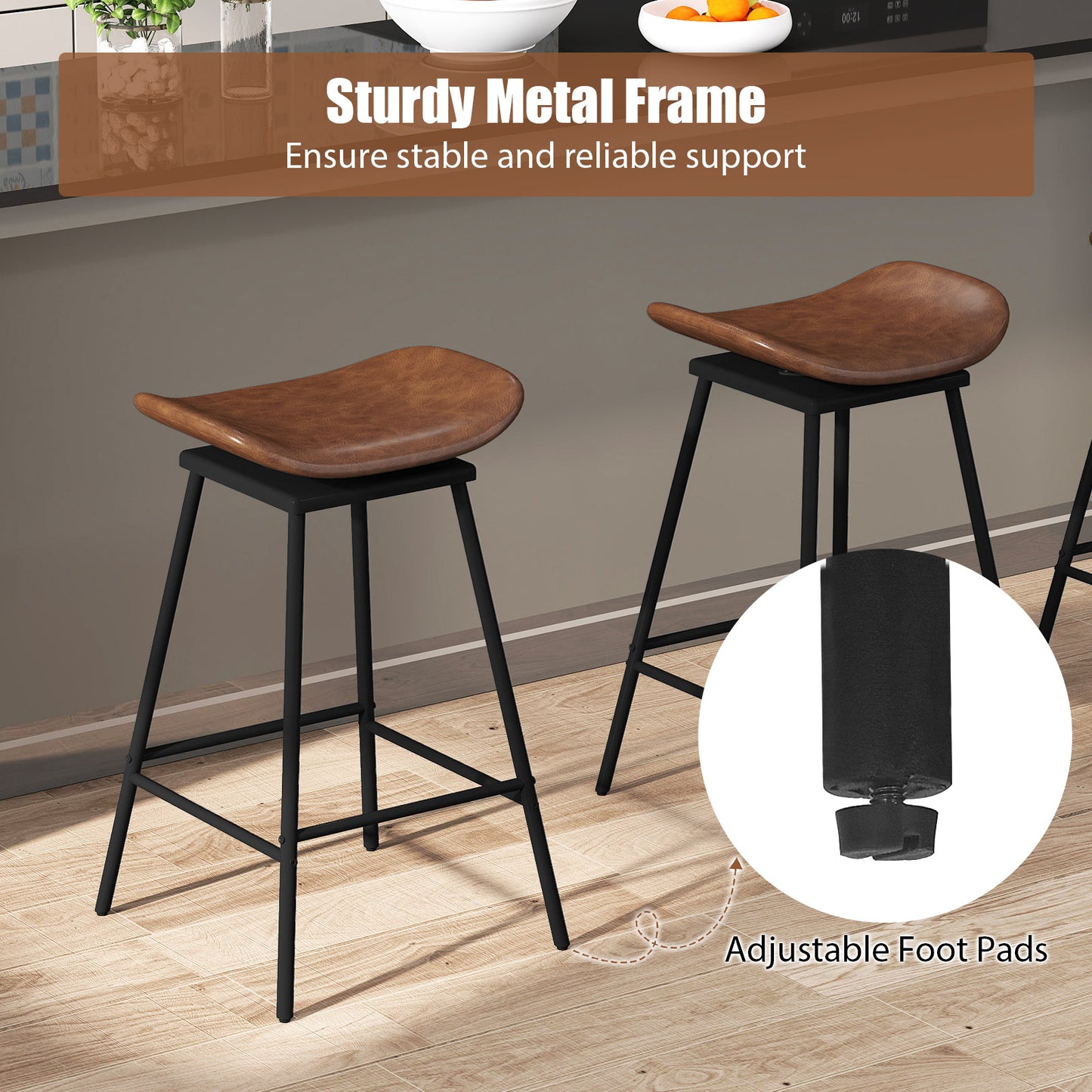 Set Of 2 Swivel Barstools, Faux Leather, Backless With Footrest, Brown Bar Stools at Gallery Canada