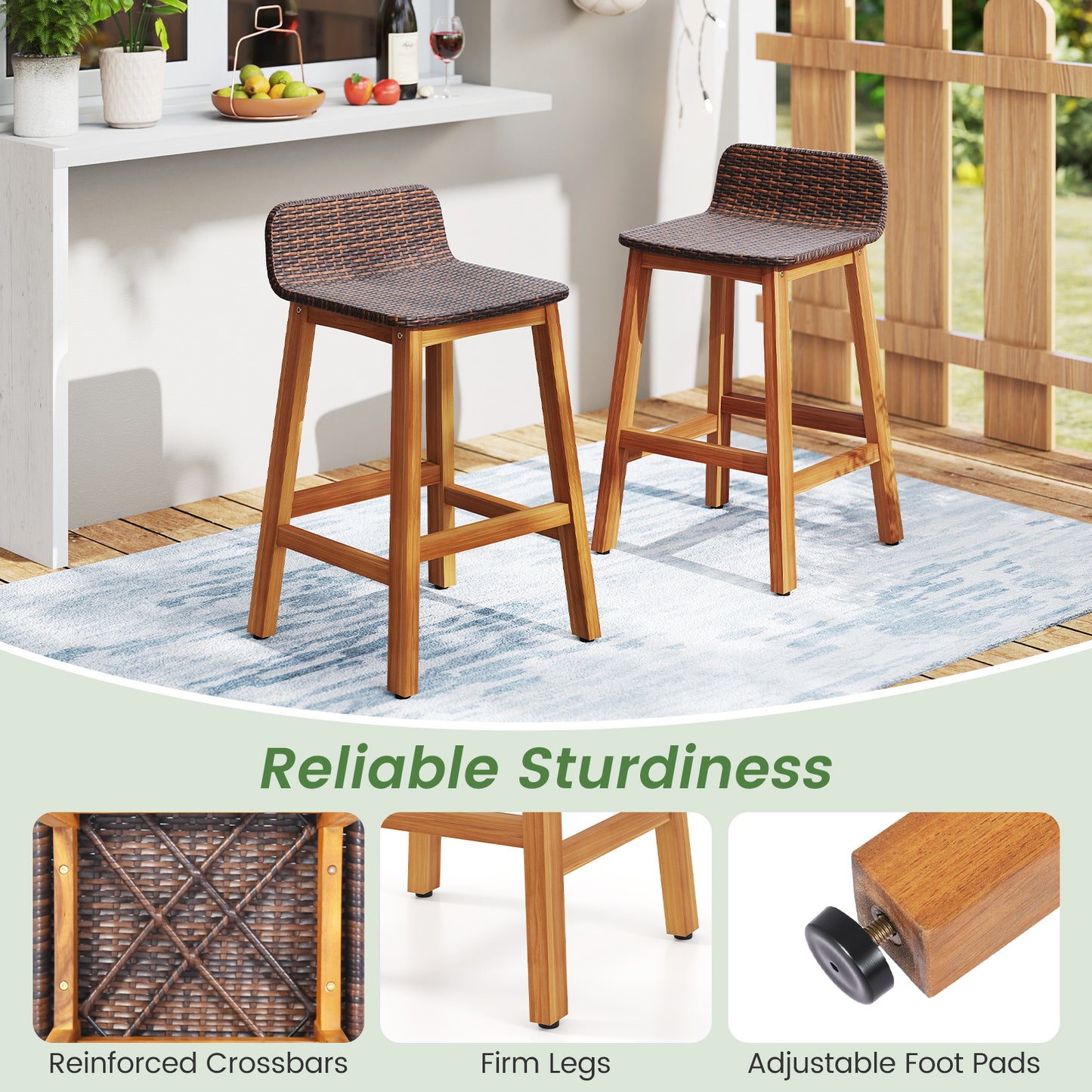 Acacia Wood Bar Stools, Set of 2, With Backrests and Footrests, Brown Patio Bar Furniture at Gallery Canada