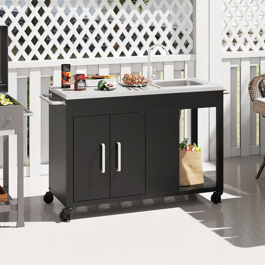 56 Inches Outdoor Grill Table With Sink, Stainless Steel Top, Black Camping Furniture Black at Gallery Canada