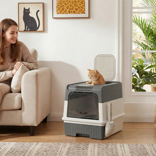 Enclosed Cat Litter Box with Drawer, Scoop, Grey Cat Litter Box Enclosures Grey, White, Black at Gallery Canada
