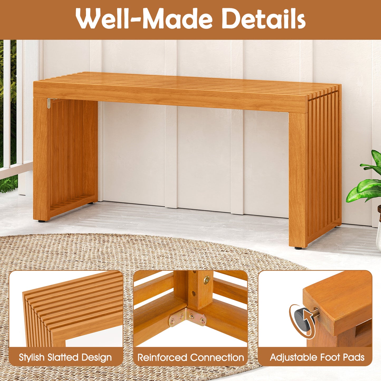 36 Inch Acacia Wood Patio Bench, All-Slat Loveseat Outdoor Benches at Gallery Canada