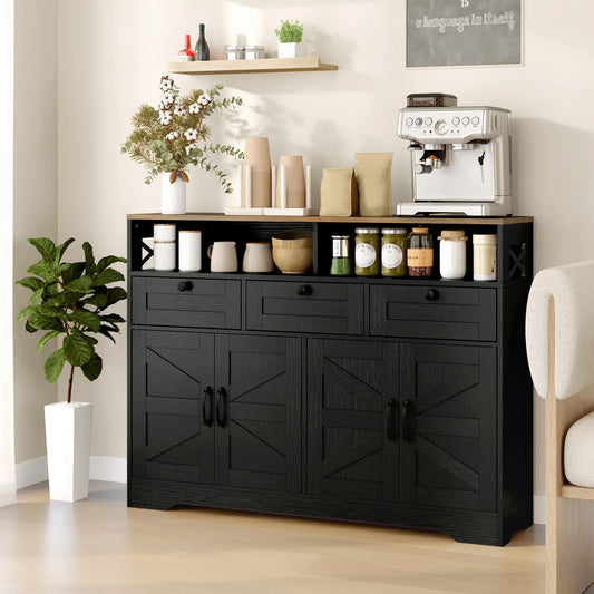 Sideboard, Buffet Cabinet with 4 Barn Doors, 3 Drawers, Black