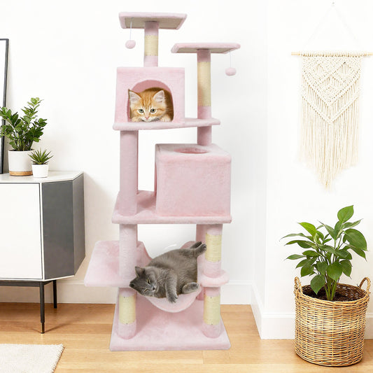 57 Inch Cat Tree with Dual Condos and Hammock and 2 Dangling Balls, Pink Cat Trees Condos & Scratchers Pink at Gallery Canada
